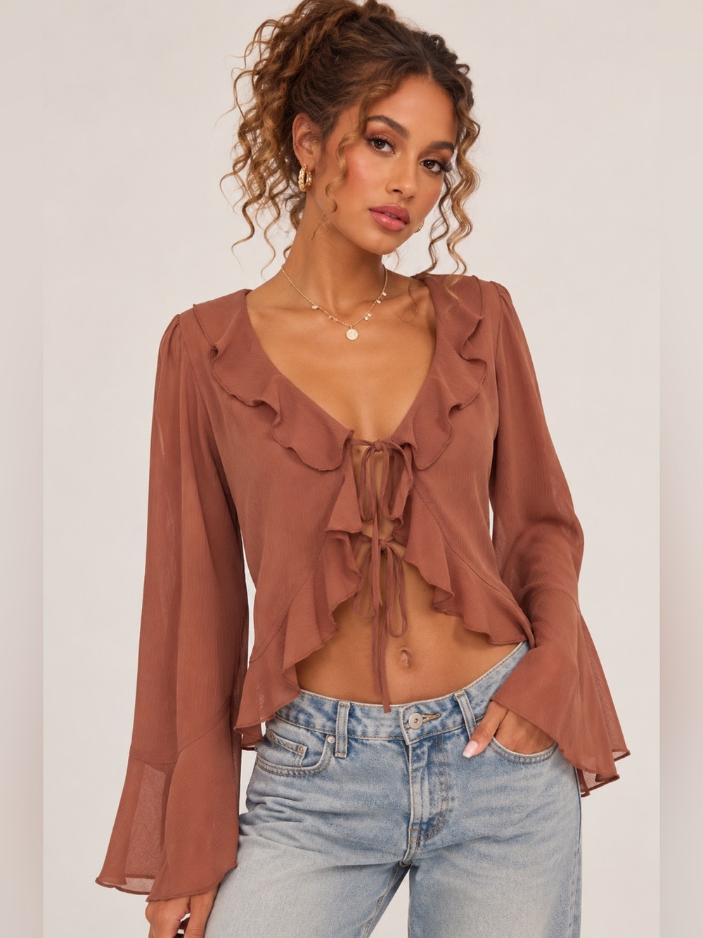 Ruffled Tie-Front Blouse in Rust Brown